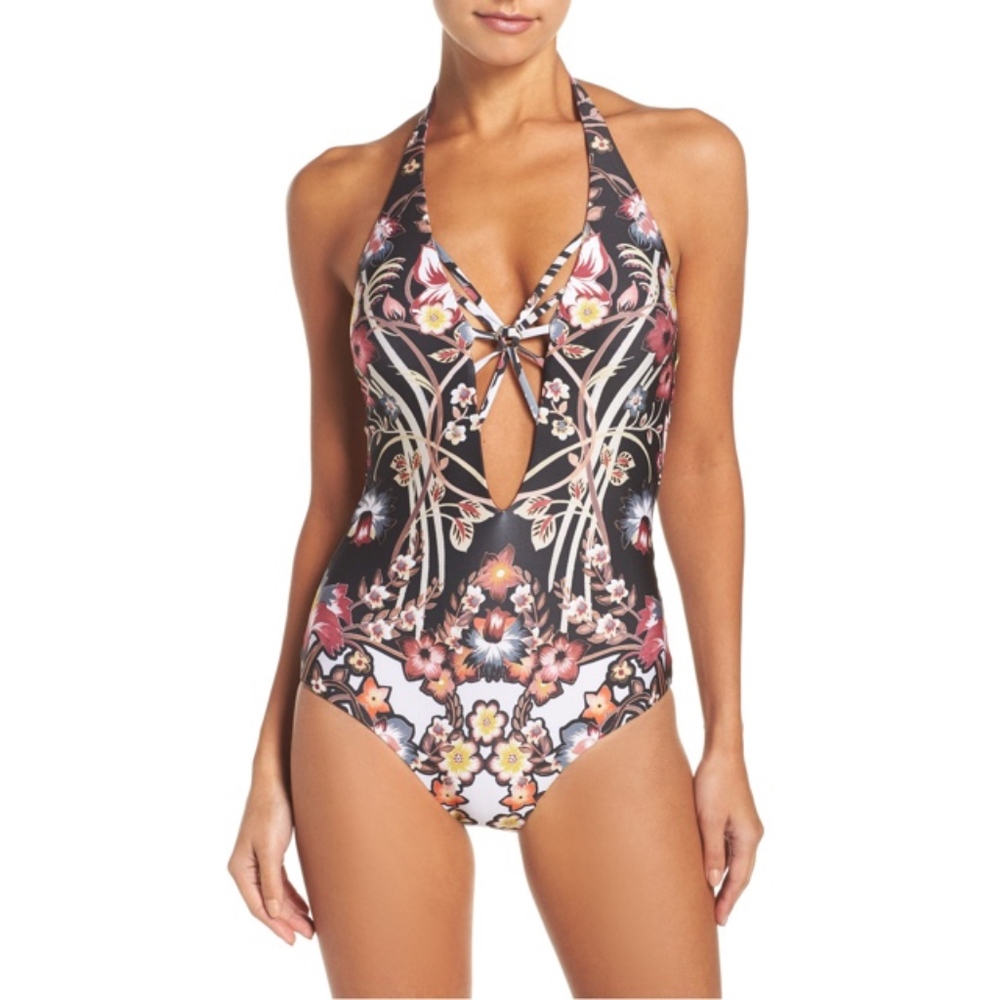 Becca Havana Floral Plunge One-Piece Swimsuit